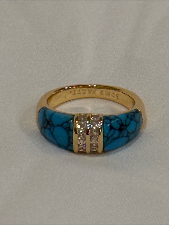 Jewelry - Gold-Tone Turquoise Inlay Ring with Clear Accents